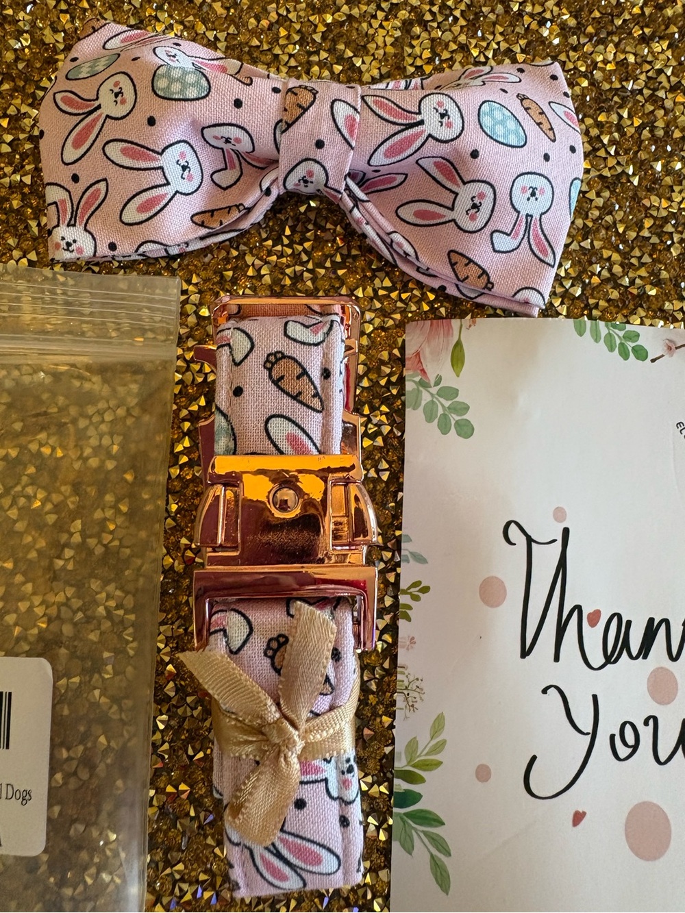 Pink Bunny Print NWT Small Dog Bow Tie Collar with Rose-Gold Hardware.